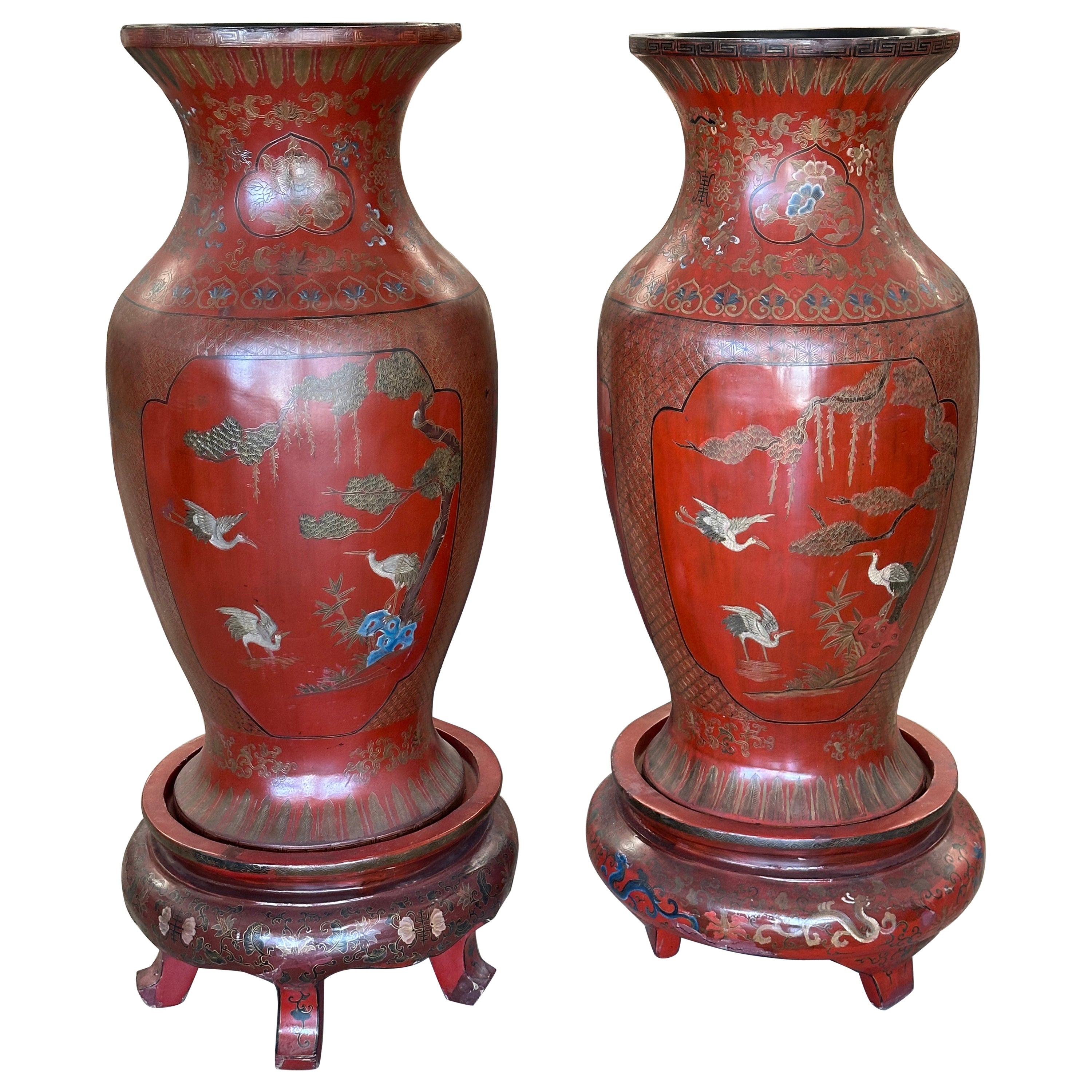 Large 19th Century Chinese Red Lacquered Palace Vases on Stands