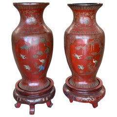 Antique Large 19th Century Chinese Red Lacquered Palace Vases on Stands