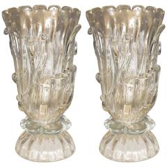 Pair of Art Deco Sculptural Murano Up-Light Urn Lamps with 24-Karat Gold Flecks