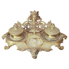 Antikes französisches figurales Bronze-Doppeltintenfass-Tintenfass im Louis-XV-Stil, wit