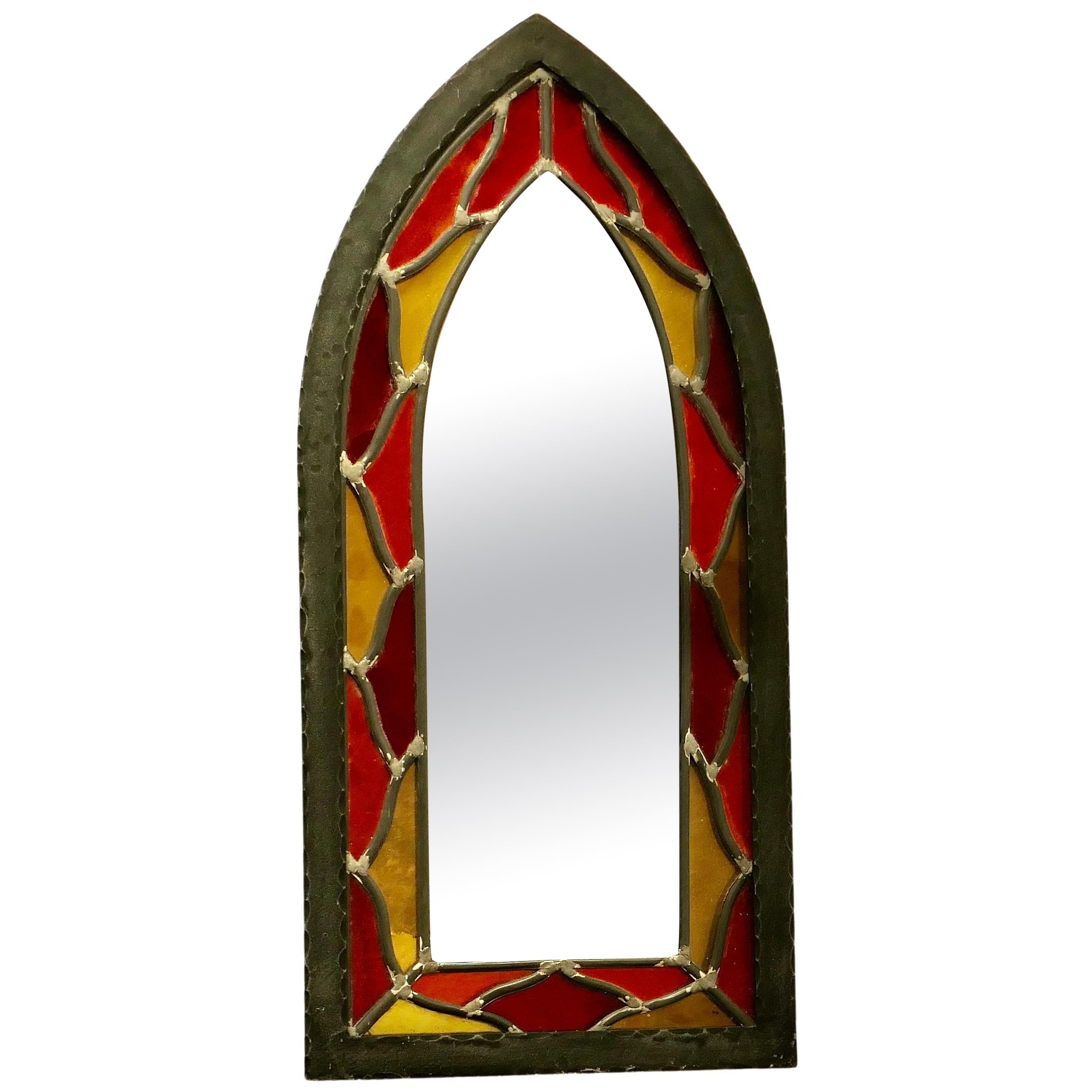 Arts and Crafts Gothic Stained Glass Church Window Mirror For Sale