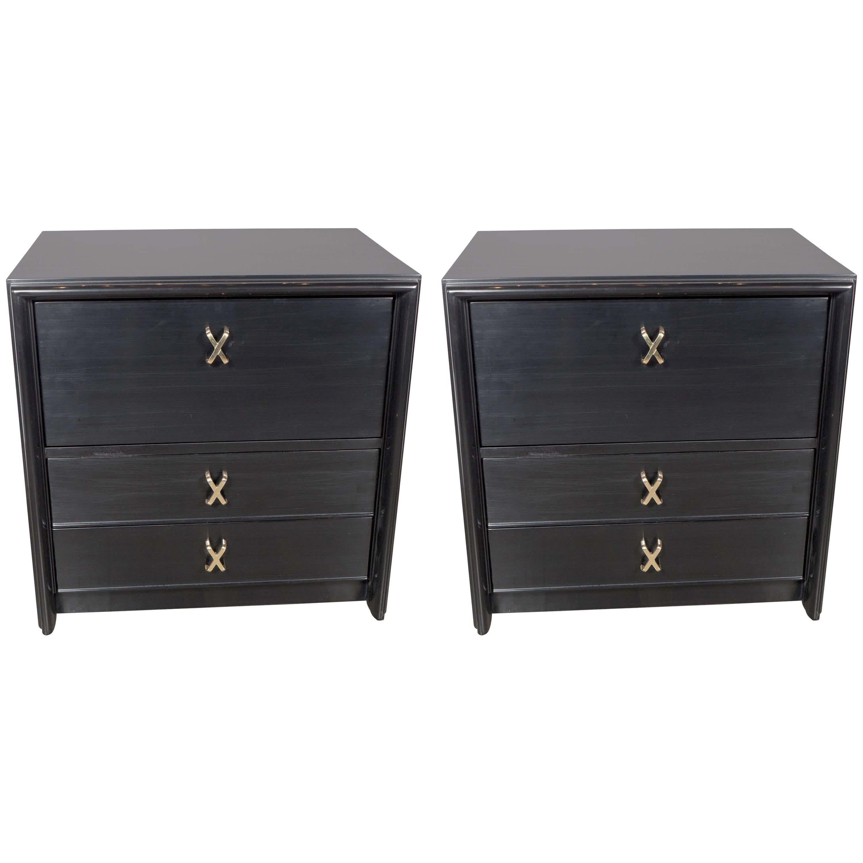 Pair of Nightstands in Ebonized Walnut with Brass "X" Fittings by Paul Frankl﻿