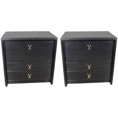 Pair of Nightstands in Ebonized Walnut with Brass "X" Fittings by Paul Frankl﻿