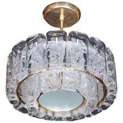 Mid-Century Modernist Chandelier in Brass, Textured and Frosted Glass