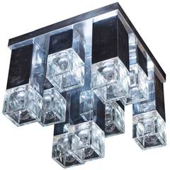 Mid-Century Square Flush Mount Chandelier in Chrome and Glass by Sciolari