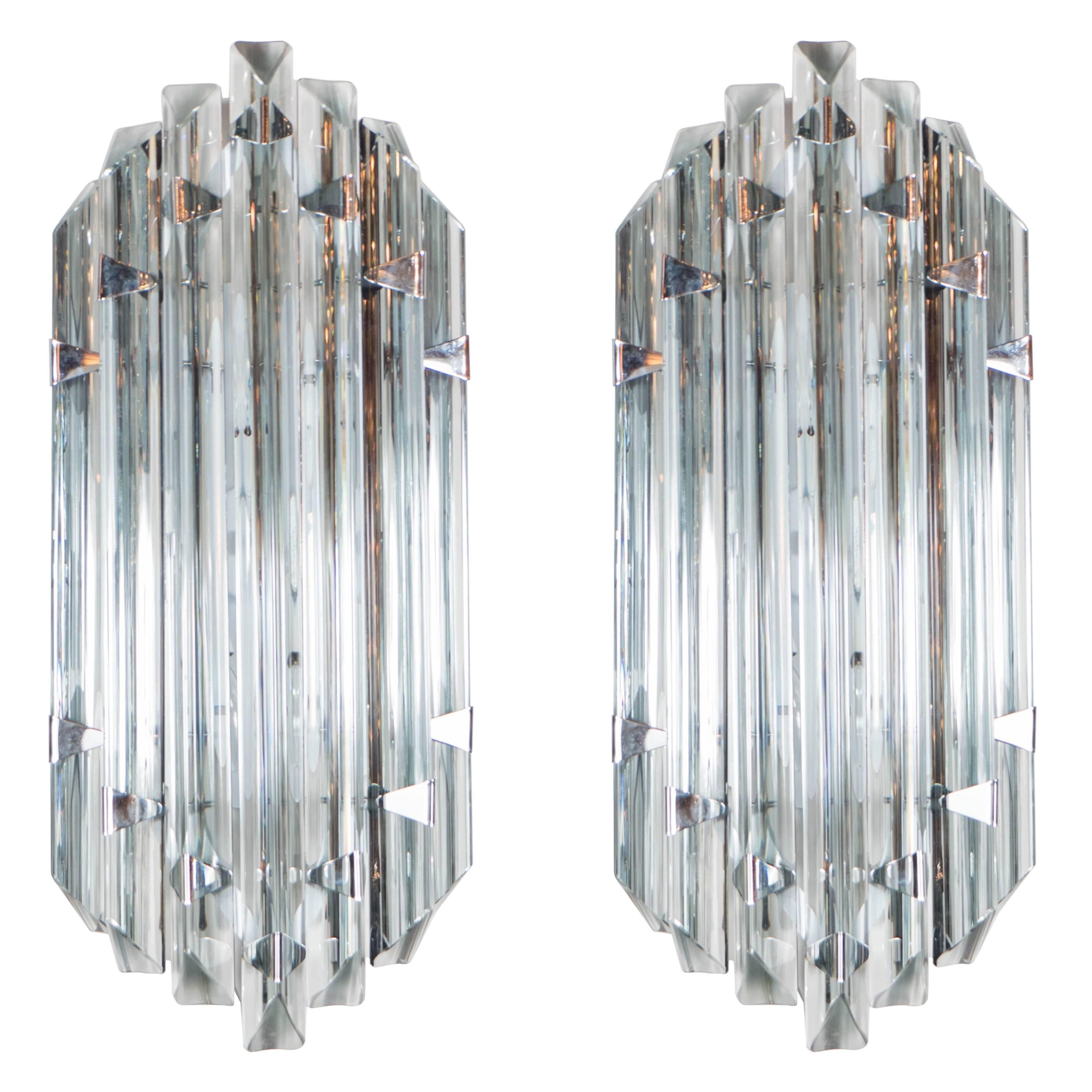 Pair of Mid-Century Modernist Sconces in Smoked Murano Glass with Nickel