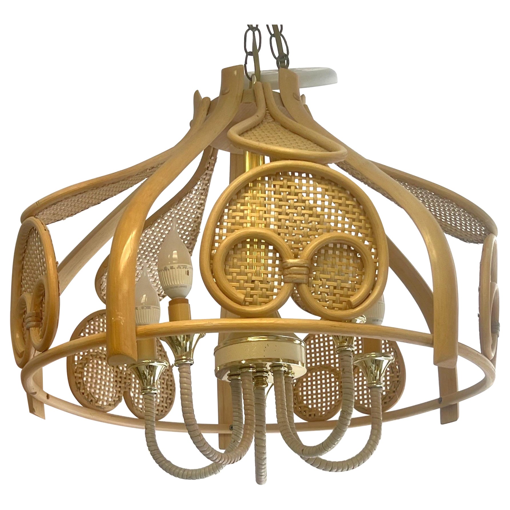 1970's Italian 5 Light Bamboo and Cane Caged Kronleuchter im Angebot
