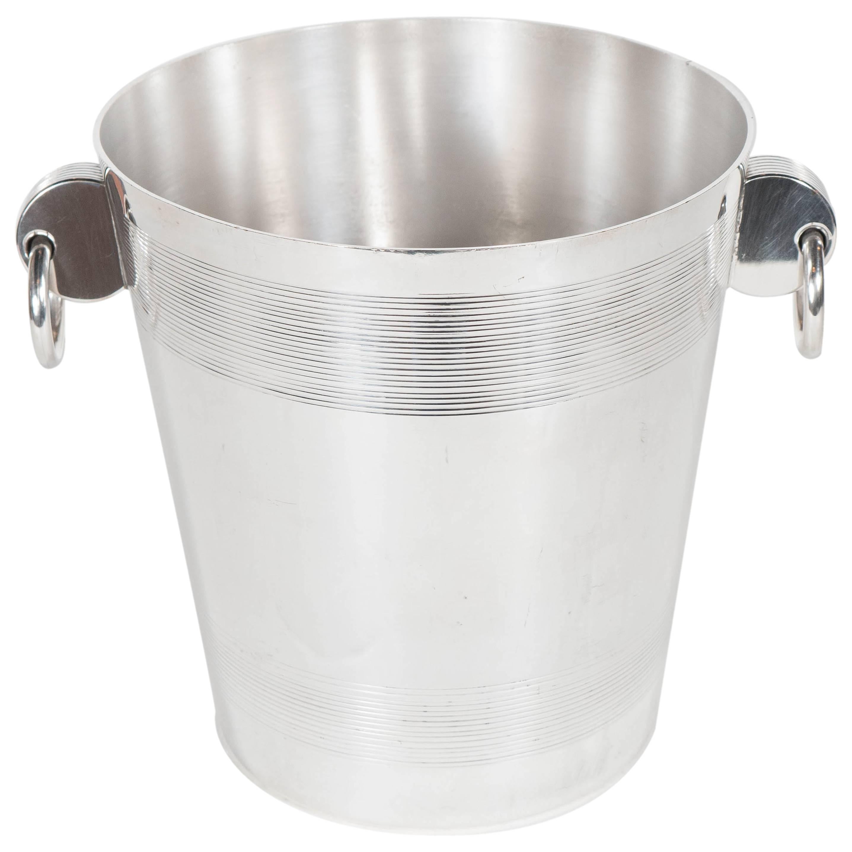 Handsome English Art Deco Silver-Plate Ice Bucket with Stylized Ring Handles