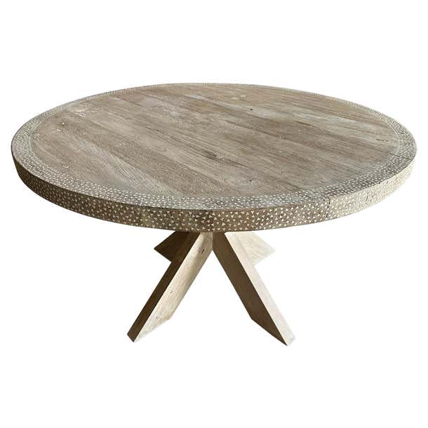 Andrianna Shamaris Round Shell Inlaid Teak Wood Table For Sale at 1stDibs