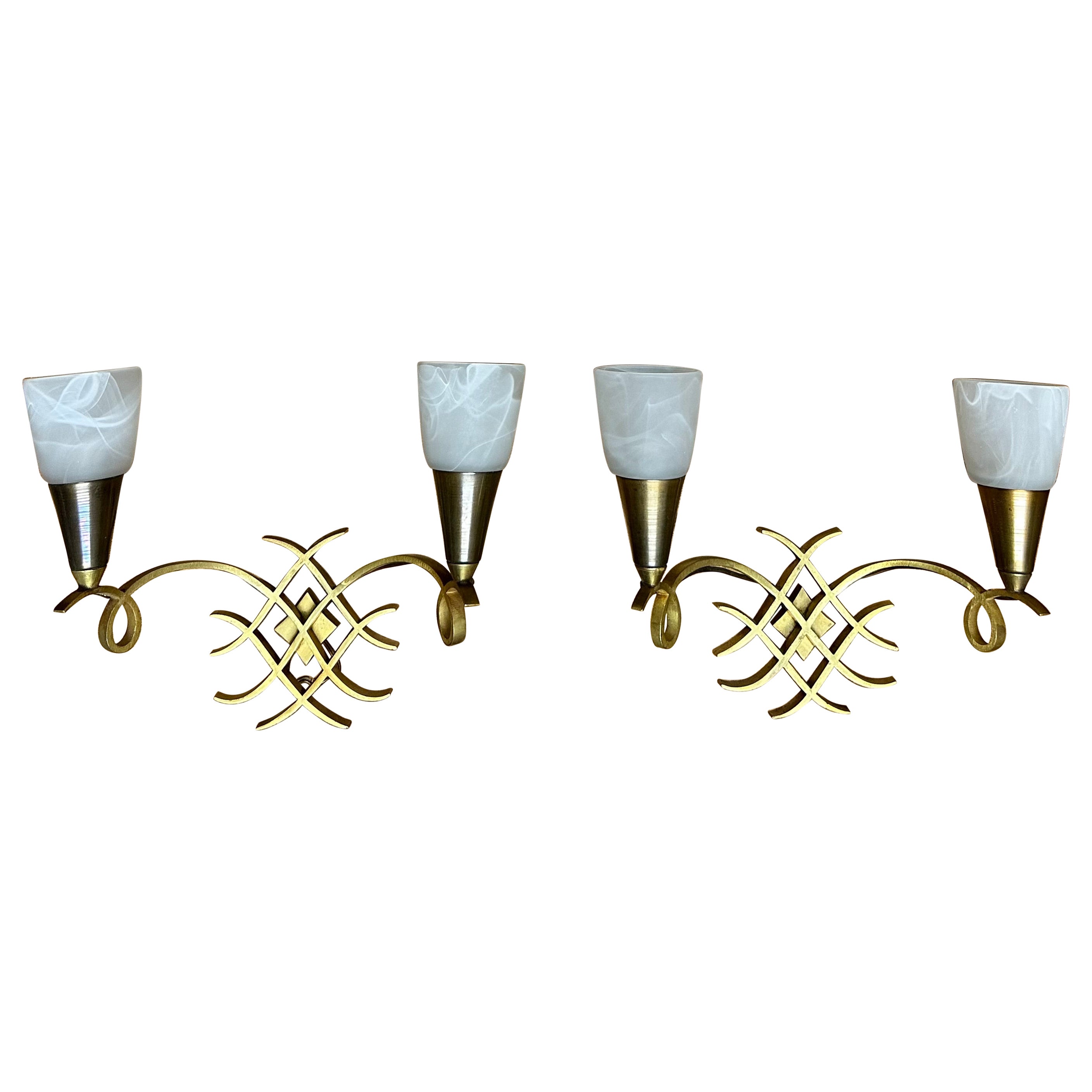 Pair of French Art Deco Bronze Wall Sconces Attributed to Jules Leleu