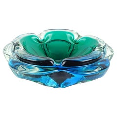 Murano Vintage Sommerso Blue Green Italian Art Glass Flower Shaped Bowl Ashtray
