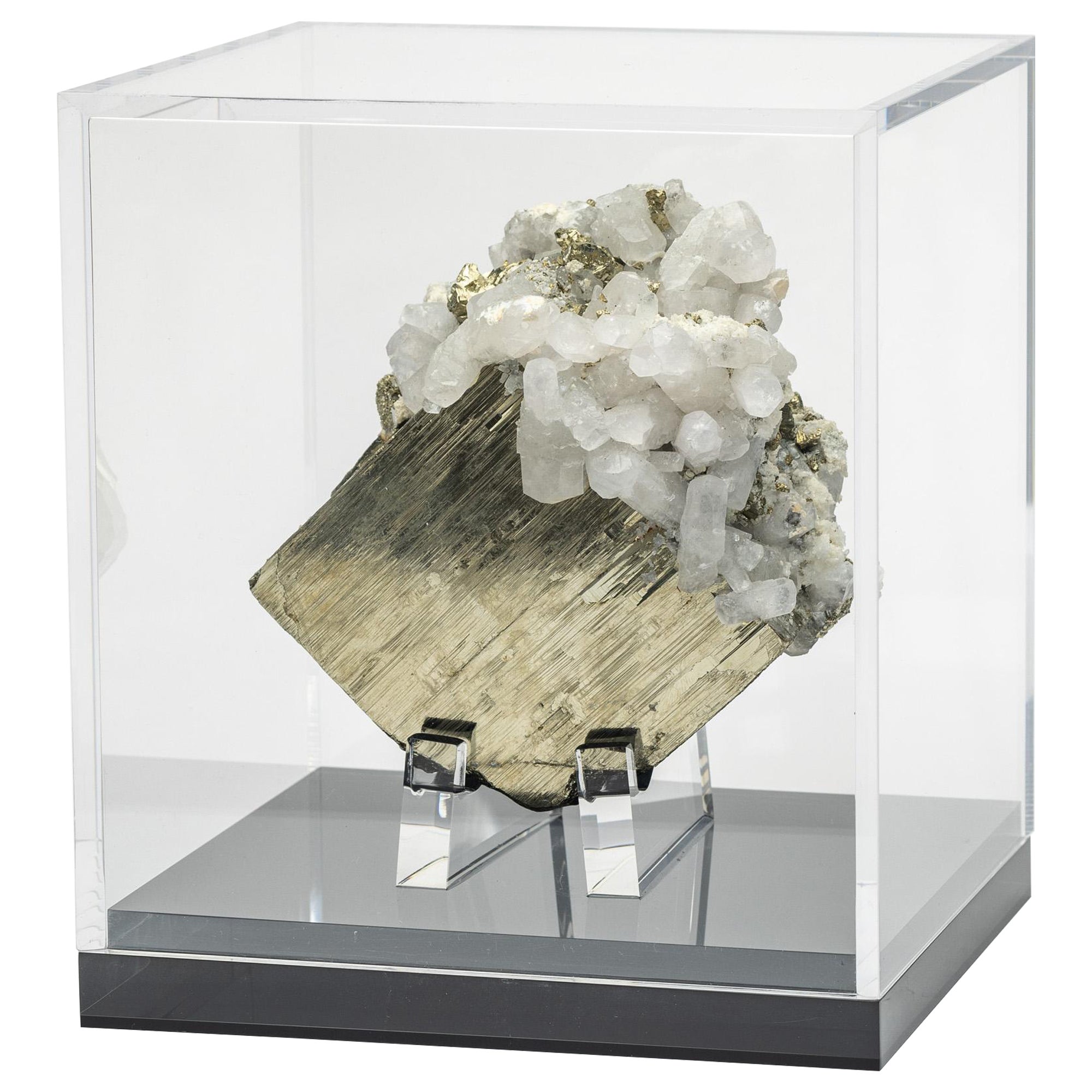 Natural Pyrite Specimen with calcite mounted on custom acrylic display from Peru