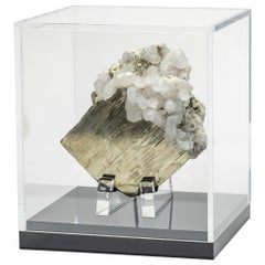 Natural Pyrite Specimen with calcite mounted on custom acrylic display from Peru