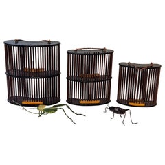 Used 3 Chinese Bamboo Insect Cricket Cages "Curved Form" and 2 Metal Crickets