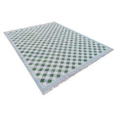 Handmade Cotton Area Flat Weave Rug, 9x12 Green, Blue Checked Indian Dhurrie Rug
