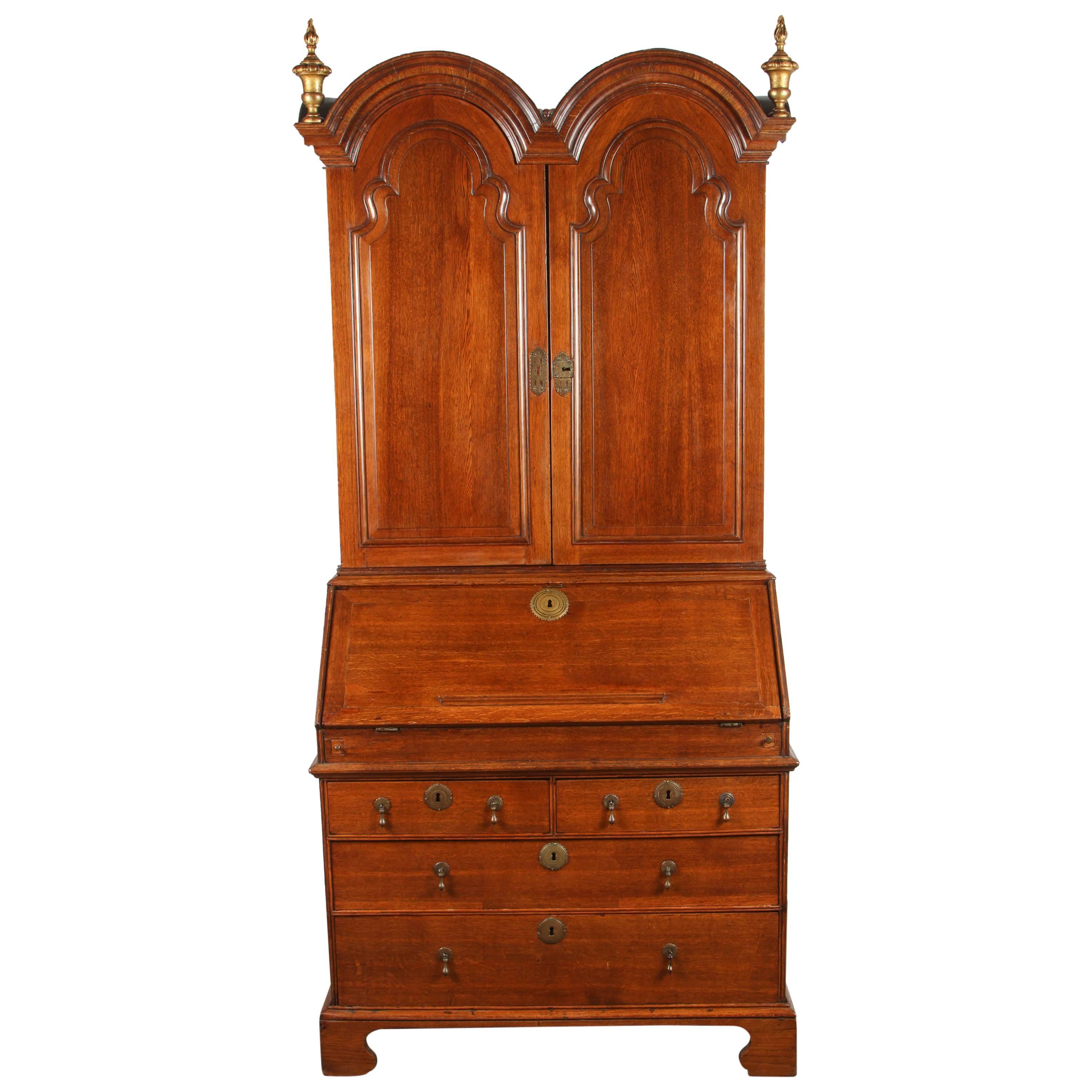 English 18th Century Queen Anne Oak Secretary Double Dome