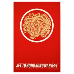Poster di viaggio originale per l'Asia Vintage By Jet To Hong Kong By BOAC Dragon China Fujita