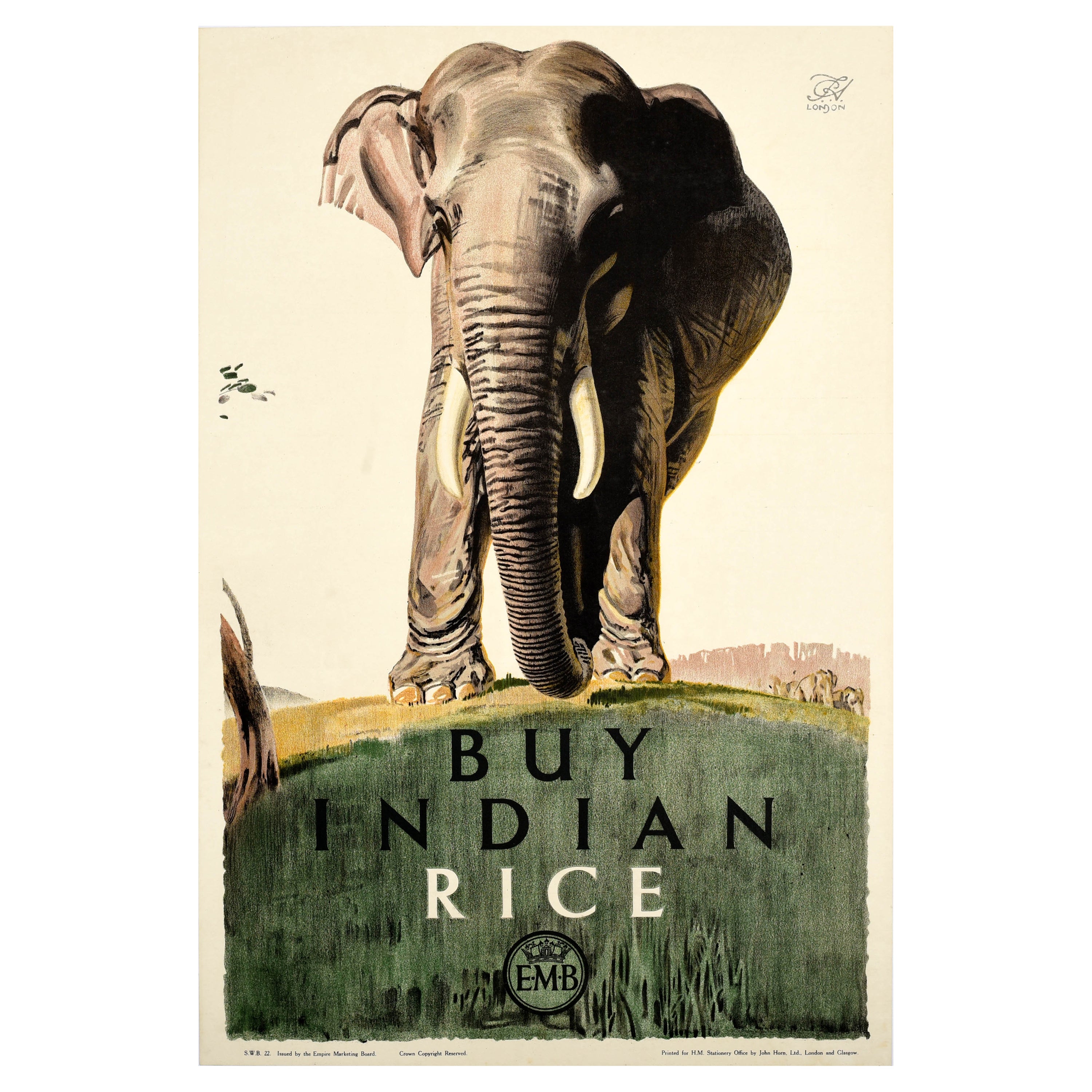 Original Vintage Poster EMB Indian Rice Empire Marketing Board Elephant Herrick