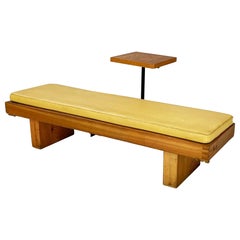 Vintage Italian modern Bench with table in wood, black metal and yellow leather, 1970s