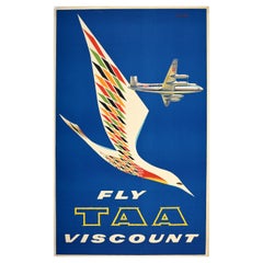 Affiche rétro originale de voyage Fly TAA Vickers Viscount Trans Australia Airlines