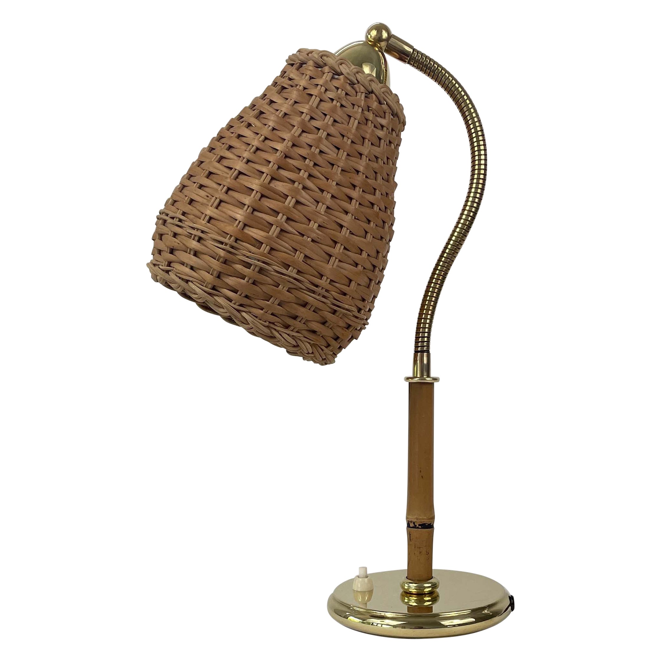 Wicker, Bamboo & Brass Table Lamp, Austria 1950s