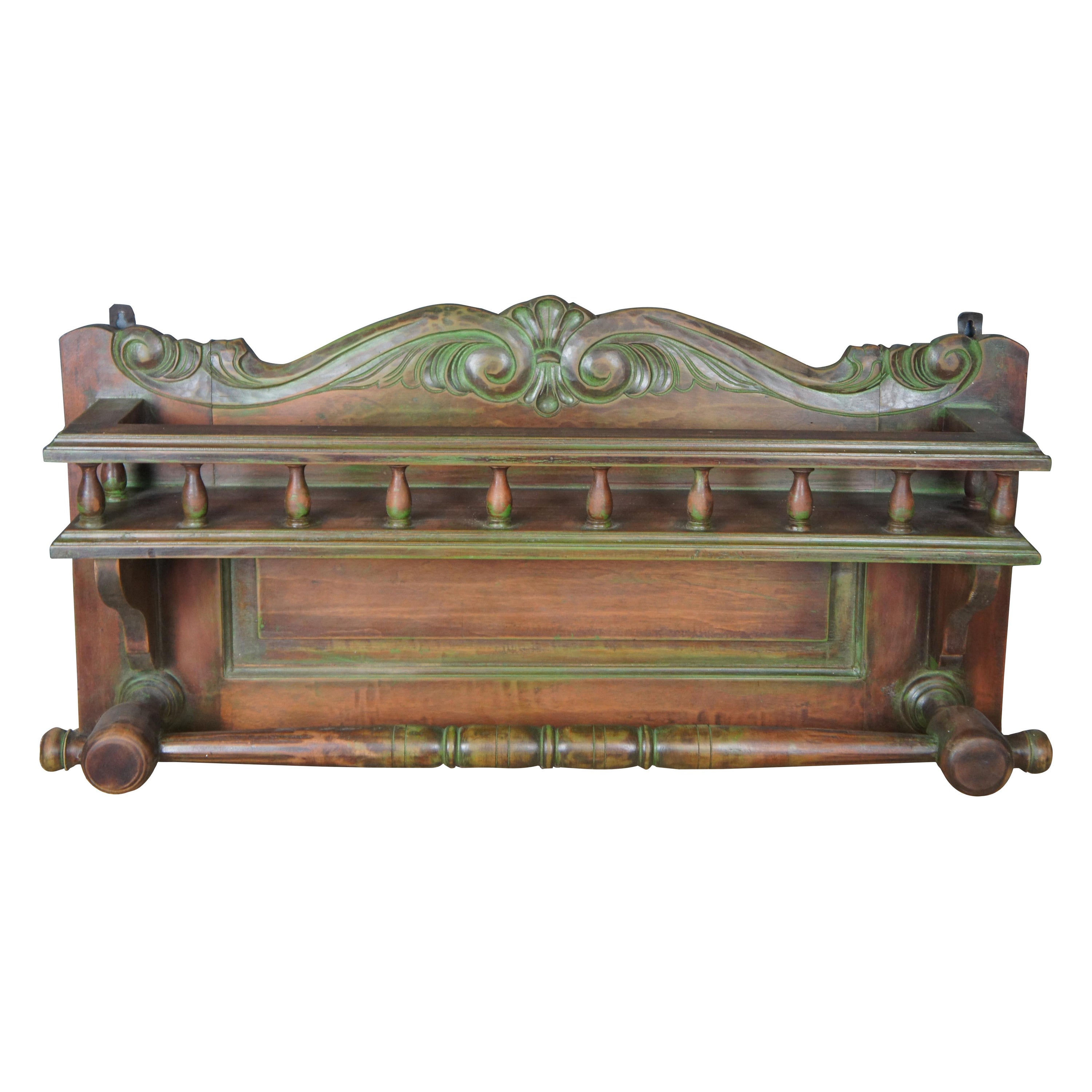 Antique Victorian mahogany wall shelf and towel bar. Great for use near a bathroom vanity or in the kitchen. Features a mahogany frame with a serpentine 
