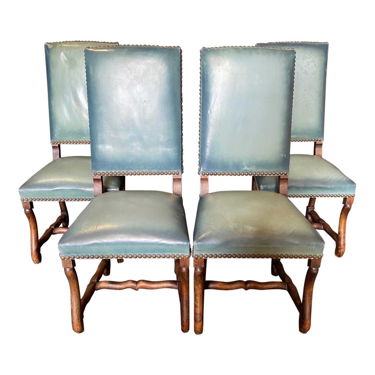 Set of Four French Os de Mouton Pale Eggshell Blue Leather Dining Chairs