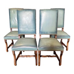 Vintage  Set of Four French Os de Mouton Pale Eggshell Blue Leather Dining Chairs