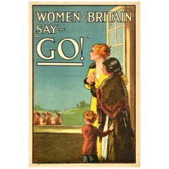 Cartel Original Antiguo de Propaganda de Guerra Las Mujeres de Gran Bretaña Dicen Vamos Reclutamiento I Guerra Mundial