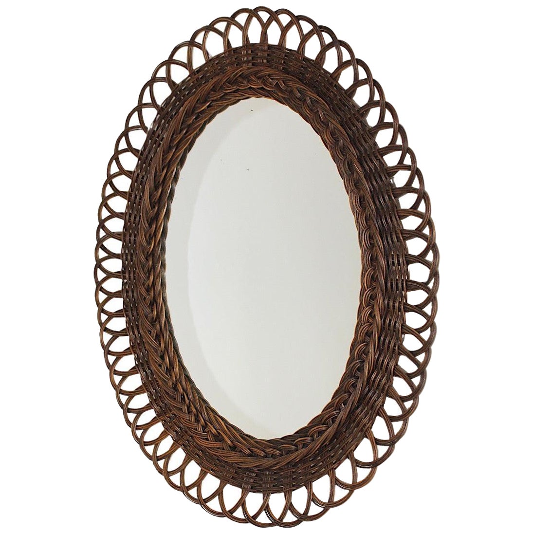 Organic Rustic Vintage Oval Willow Wall Mirror Sunburst Braided 1970s Austria