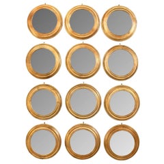 Set di 12 specchi rotondi dorati italiani d'epoca