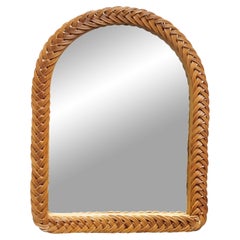 Vintage Woven Wicker Arched Wall Mirror Italy 1960s