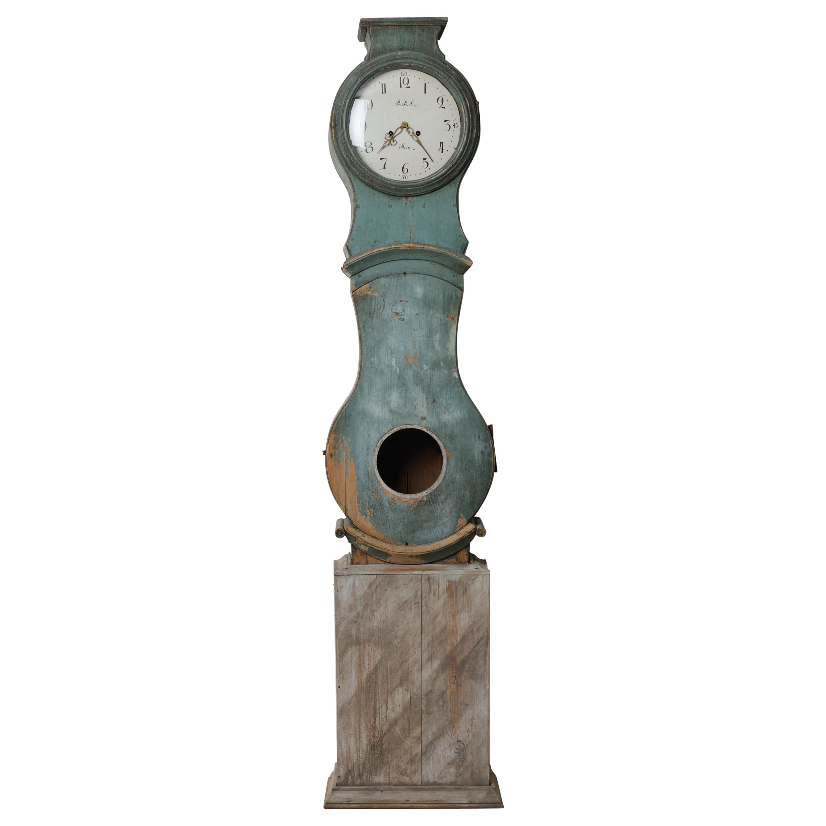 Antiguo Reloj Sueco de Caja Larga, Auténtico Hecho a Mano con Pintura Azul Original en venta