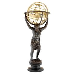 Antique Bronze Sculpture Atlas with Globe in Brass Finish on Marble Base