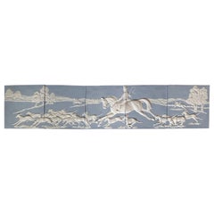 artist signed jasperware tile mural blue and white equestrian hunting scene 