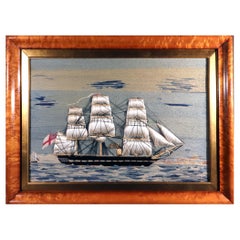 Antique Fine British Sailor's Woolwork of Royal Navy Ship with Traputo Sails
