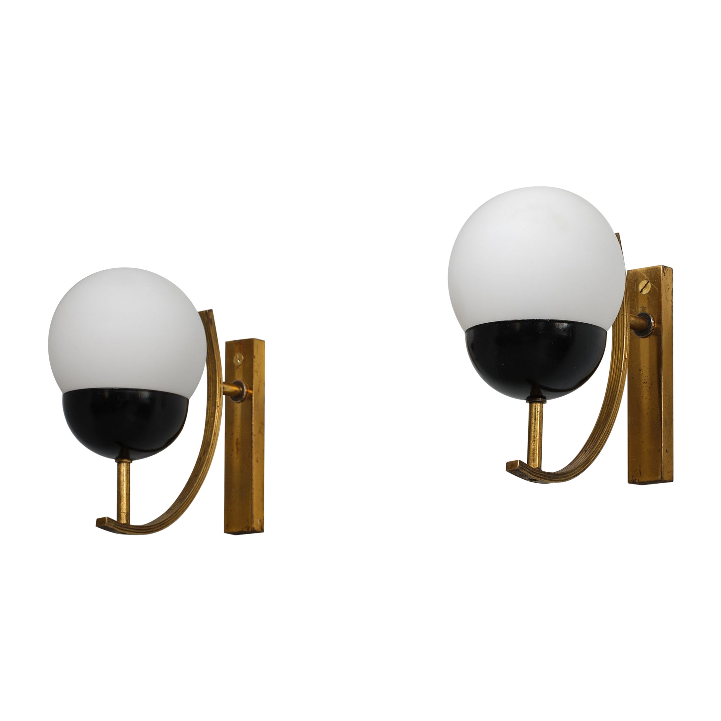 Pair of Mid-Century Italian Brass and Black Metal Wall Sconces, 1950s