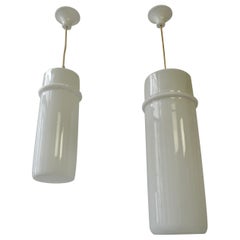 Vintage Two Stilnovo Pendant Lamps in Murano Glass and Brass, Italy, 1960s.