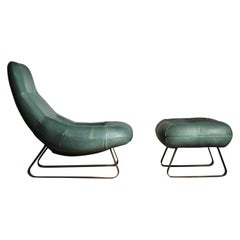 Percival Lafer Brazilian Teal Leder „Earth Chair“ & Ottomane, 1970er Jahre