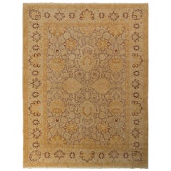 Hand-Knotted Retro Agra Style Rug in Beige Gold All Over Floral Pattern