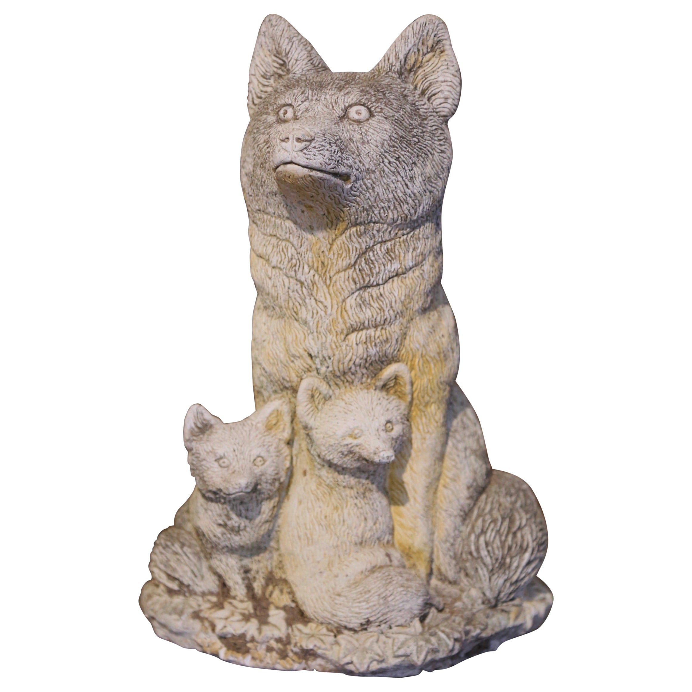 Mid-Century French Outdoor Weathered Stone Fox with Two Pups Composition