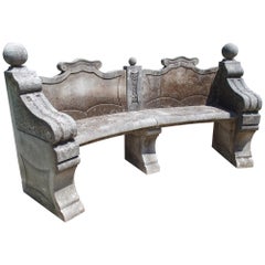 Curved Italian Limestone Garden Bench with Ball Finials