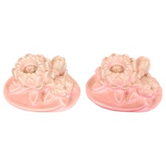 Vintage Rookwood Pottery Art Nouveau Glazed Ceramic Pink Lotus Flower Bookends, 1930