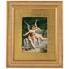 Antique Signed Continental Cherubs Fine Porcelain Plaque Late 19th Century