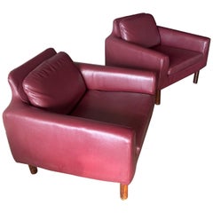 Mid Century Modern Lounge Chairs in a Maroon Leather 