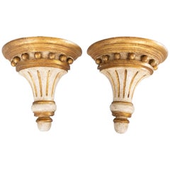 Vintage Pair Italian Neoclassical Distressed White & Gold Giltwood Wall Brackets Corbels
