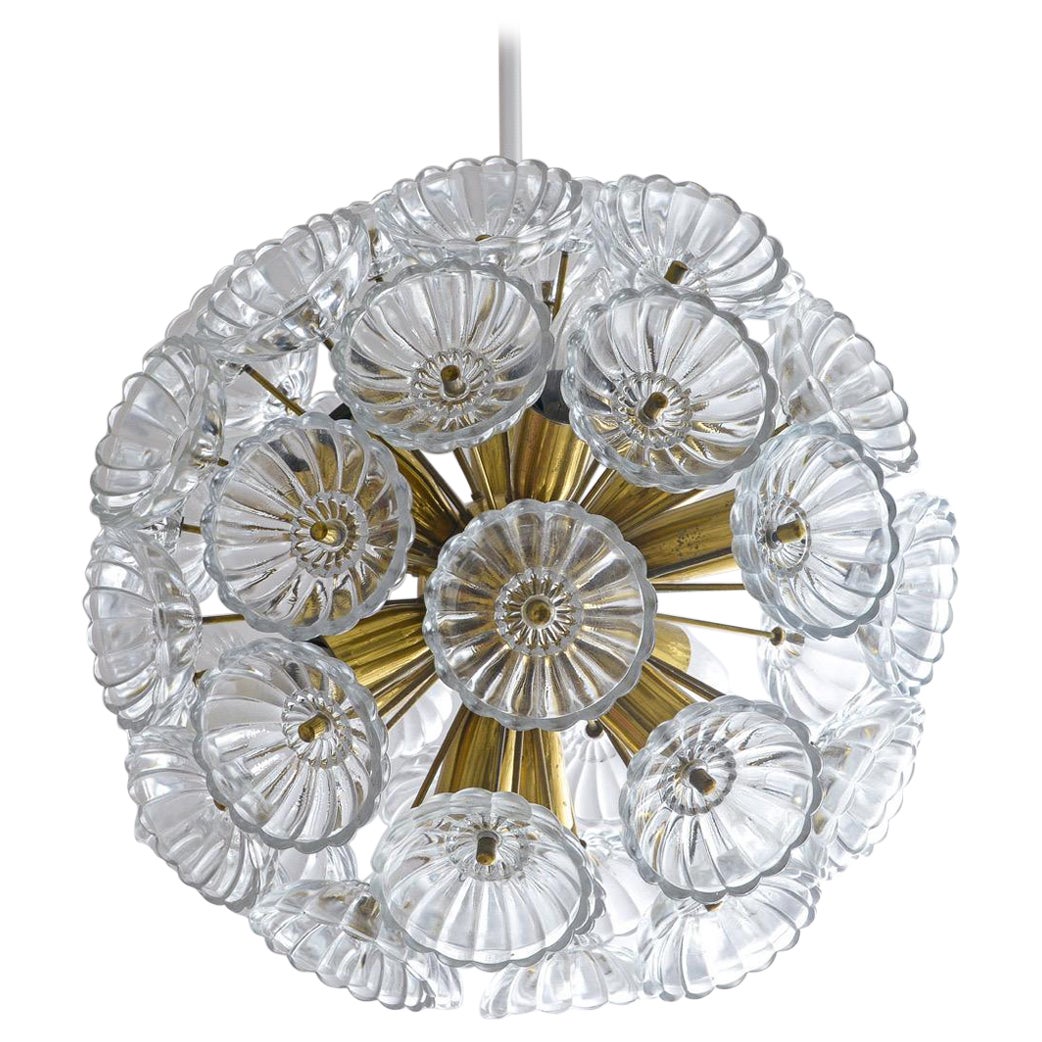 Sputnik Brass and Glass Flower Dandelion Chandelier, Germany 1960