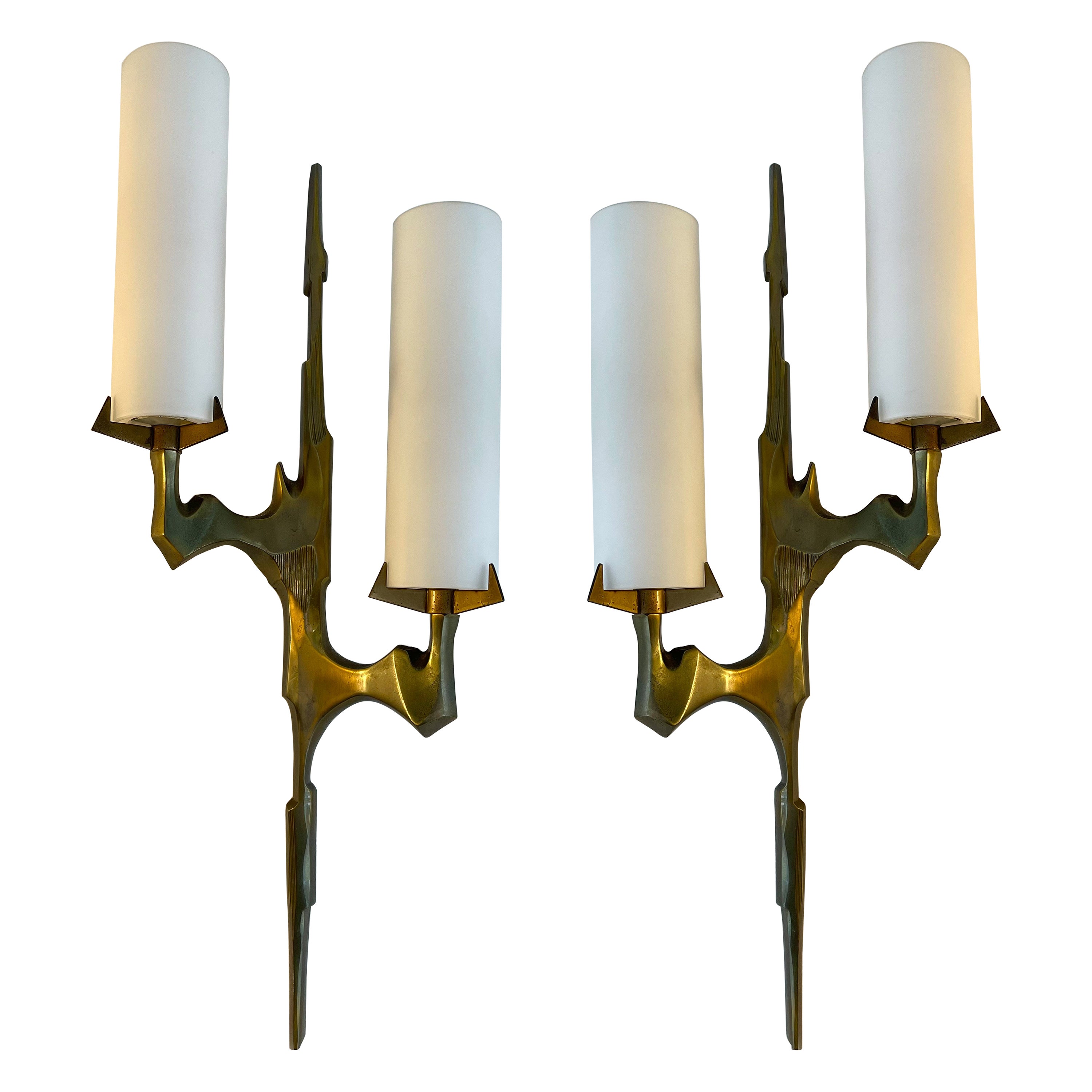 Pair of Gilt Bronze and Opaline Glass Sconces by Maison Arlus, France, 1960s