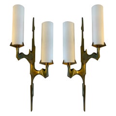 Pair of Gilt Bronze and Opaline Glass Sconces by Maison Arlus, France, 1960s