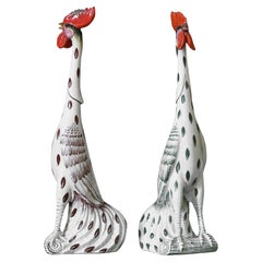 Pair Of Roosters In Glazed Ceramic With Handmade Decorations